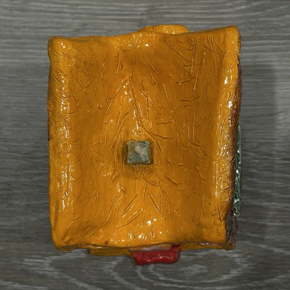 Handmade Ceramic Cat House Luminary Tealight Candle Holder‎ Orange Folk Art